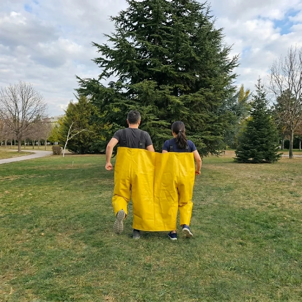 Doppelhosen Game Zwei Personen von hinten beim gemeinsamen Laufen in der gelben Doppelhose auf der Wiese, Teamspiel für Events mieten